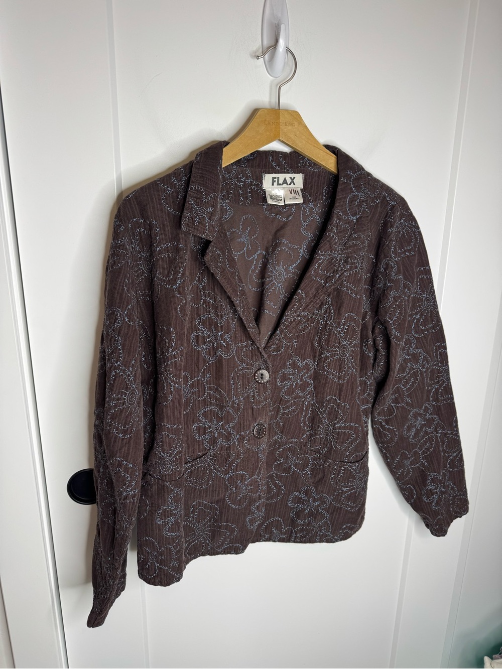 Flax 100% Cotton Brown Embroidered Floral Blazer Jacket Size Medium